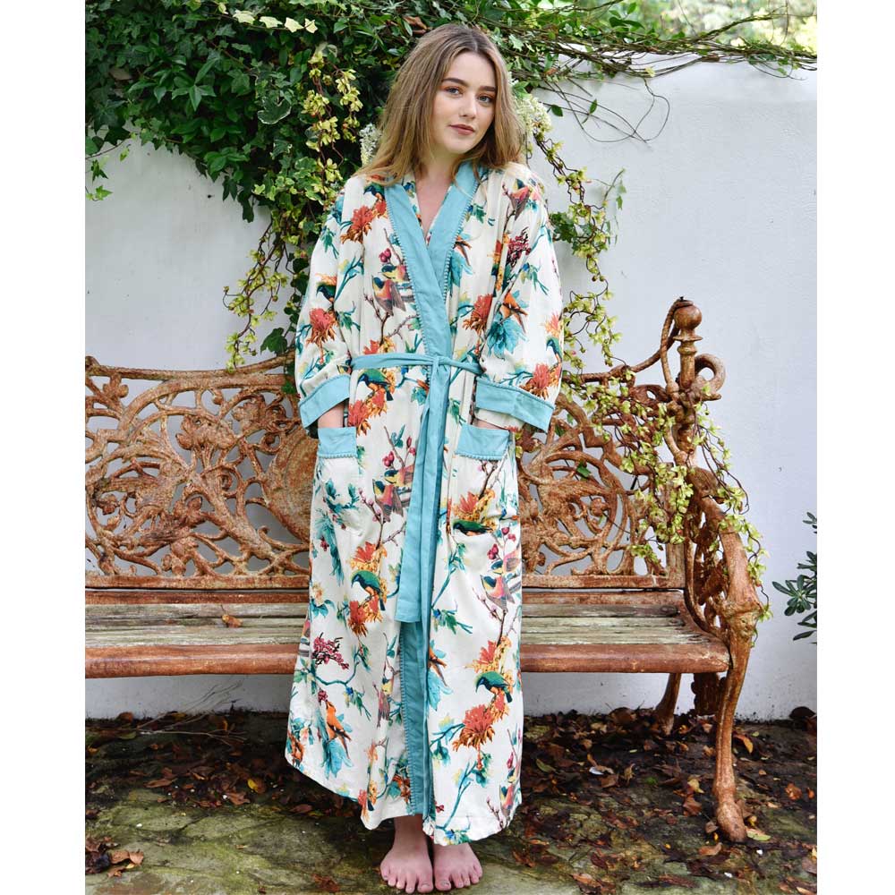 Turquoise Hummingbird Print Ladies Dressing Gown With Blue Trims Turquoise Hummingbird Print Ladies Dressing Gown With Blue Trims