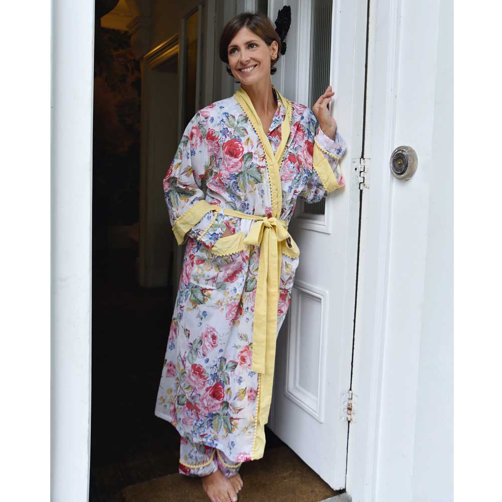 Floral Dressing Gown With Lemon Pom Pom Trims Floral Dressing Gown With Lemon Pom Pom Trims