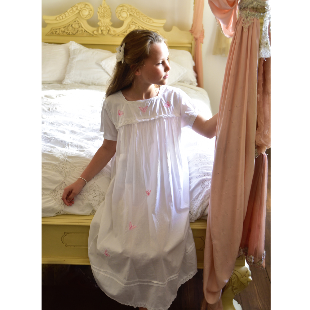 Flora Girls White Nightdress With Pink Butterfly Embroidery Flora Girls White Nightdress With Pink Butterfly Embroidery